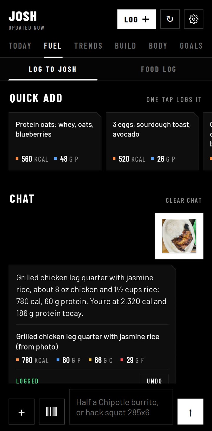 A meal photo logged with its macros