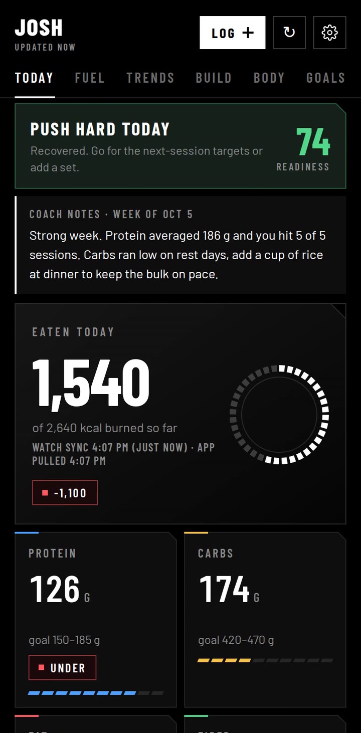 JOSH Today screen showing calories eaten against calories burned
