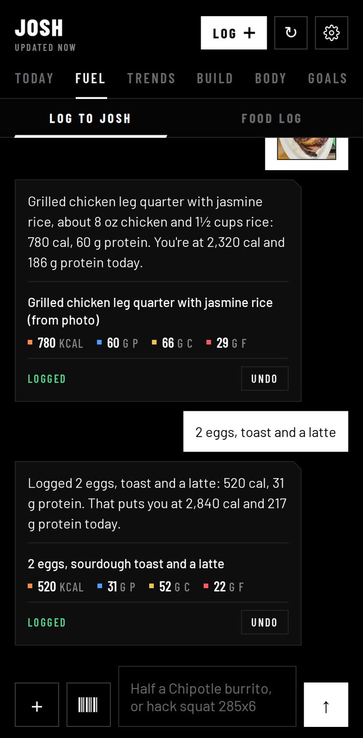 Typed meal logged in the JOSH chat